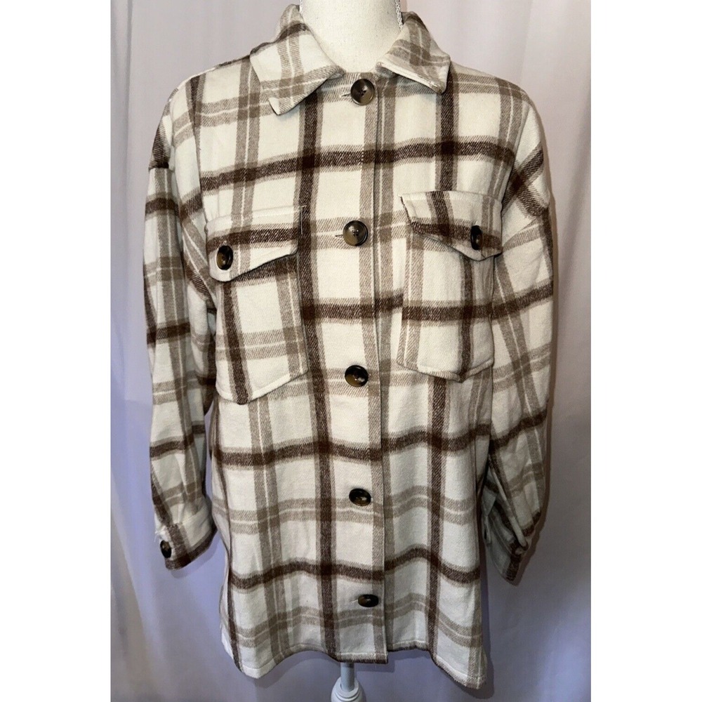 Forever 21 Shacket Womens Size S Flannel Breast Pockets Button Down Wool Collar